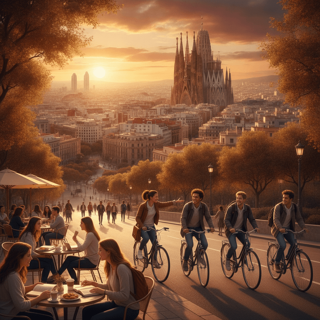 Skyline di Barcellona con la Sagrada Família al tramonto e studenti Erasmus in bicicletta