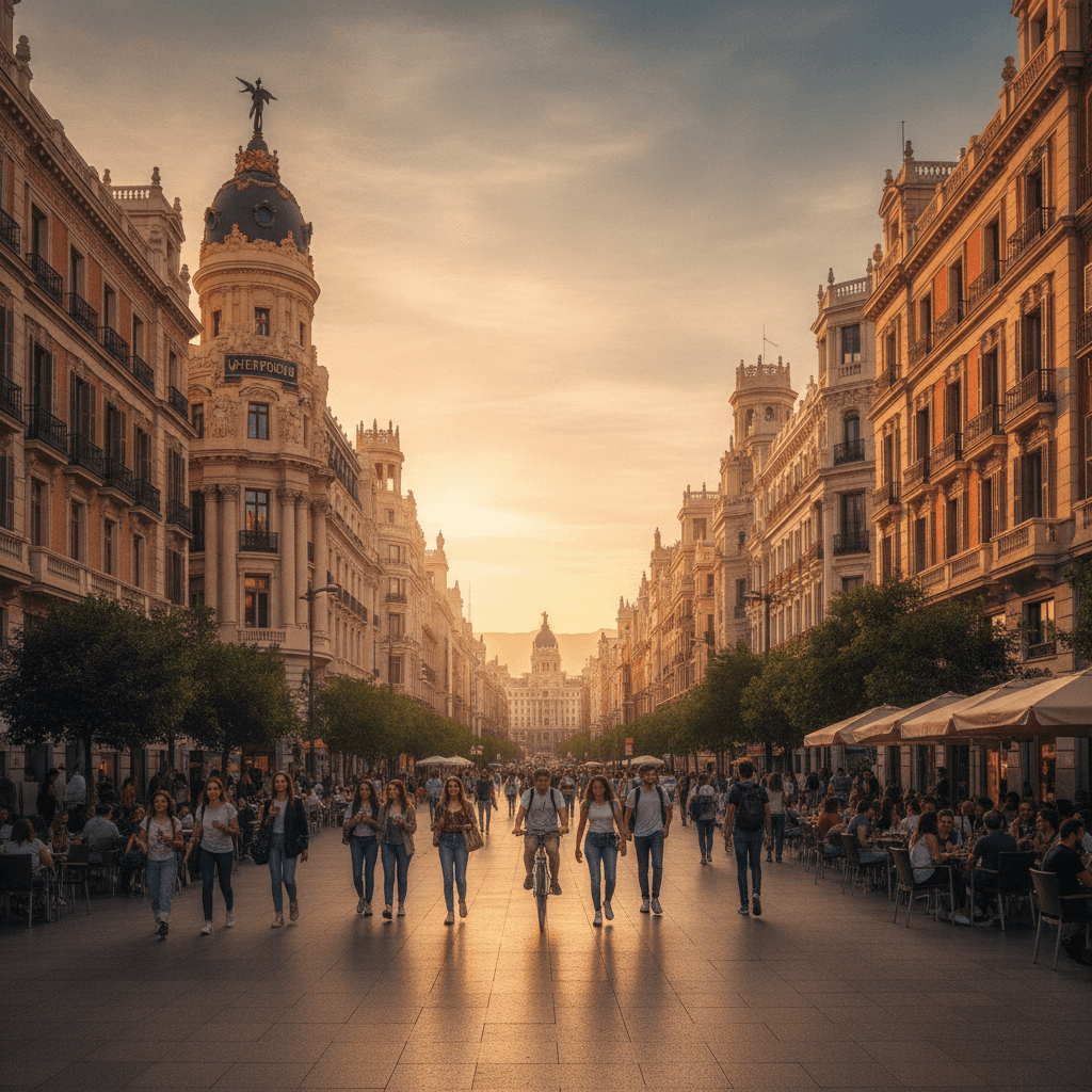 Studenti Erasmus a Madrid passeggiando sulla Gran Vía al tramonto con l'università sullo sfondo