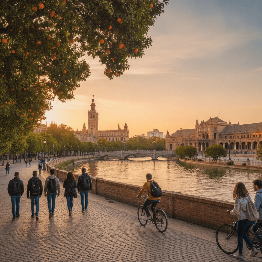 Panorama di Siviglia con la Giralda e Plaza de España, atmosfera universitaria Erasmus al tramonto
