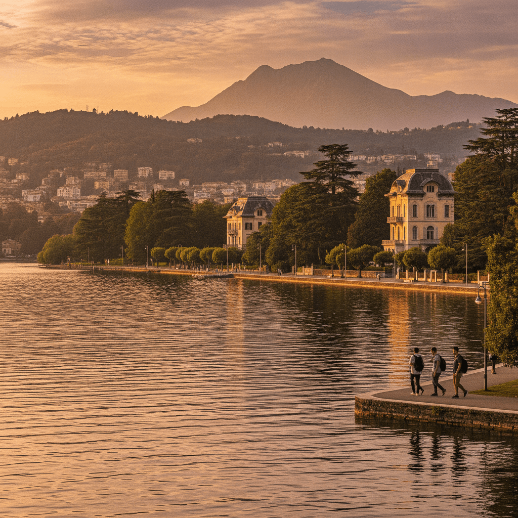 Panorama di Varese con lago e colline al tramonto, campus universitario e studenti Erasmus