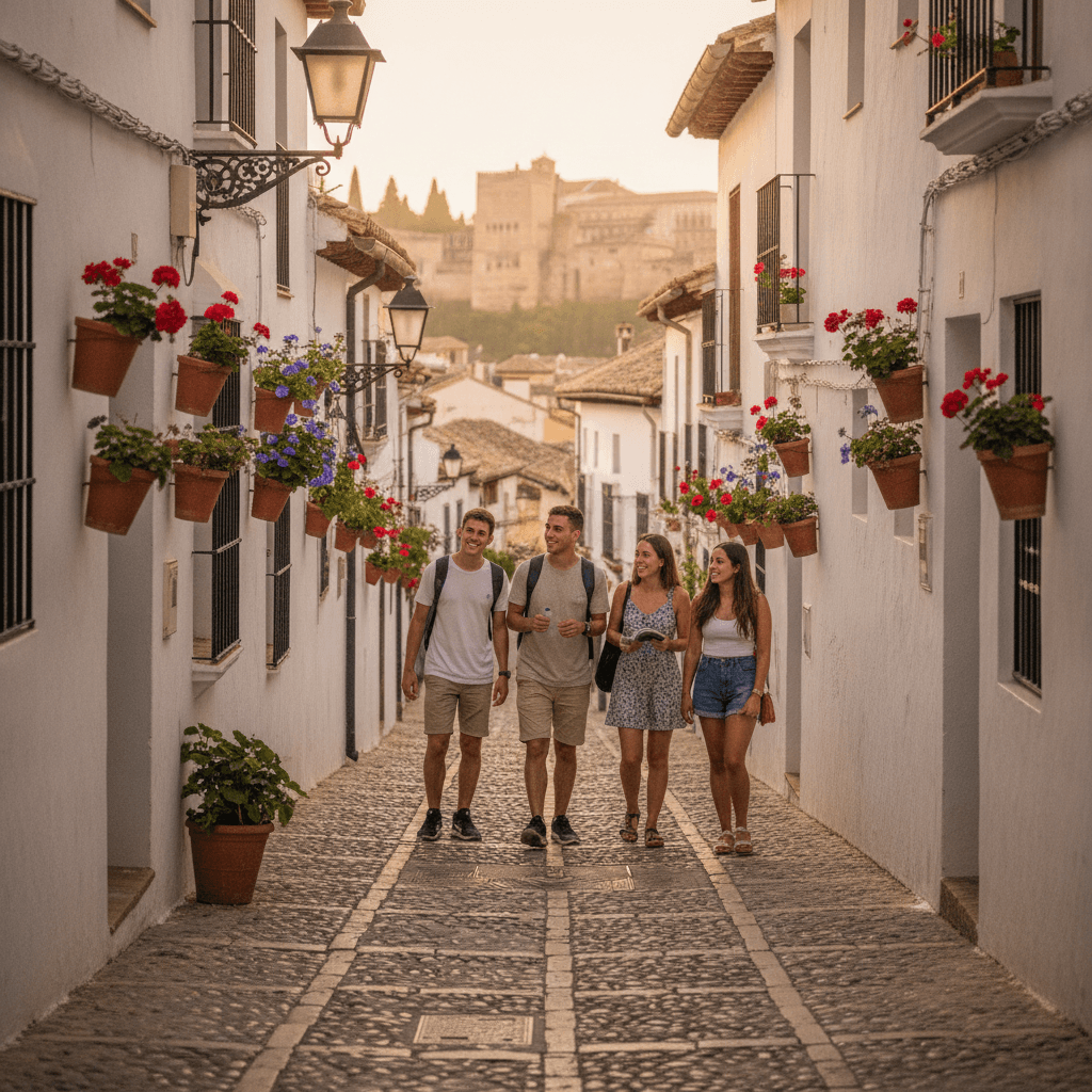 Barrio del Albaicín en Granada con estudiantes Erasmus paseando por sus callejuelas — mejores barrios para estudiantes en Granada