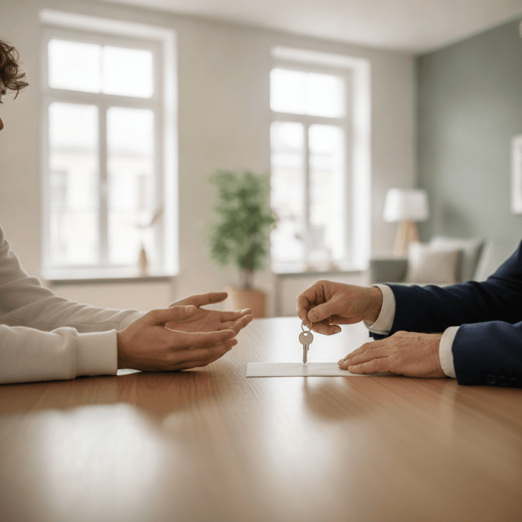 Student and landlord exchanging house keys with a security deposit envelope