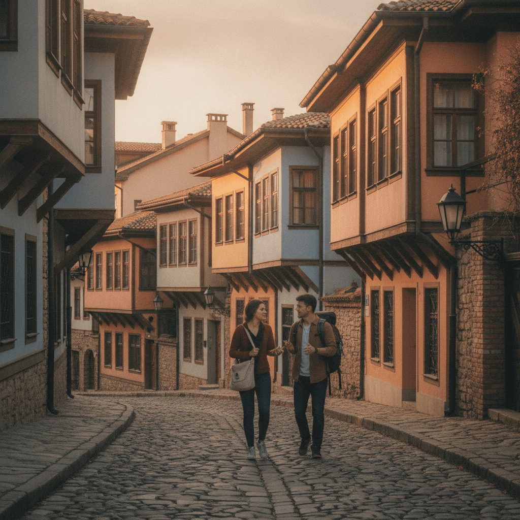 Studenti Erasmus nel centro storico di Plovdiv tra le case colorate dell'Old Town — quartieri e alloggi per studenti Plovdiv