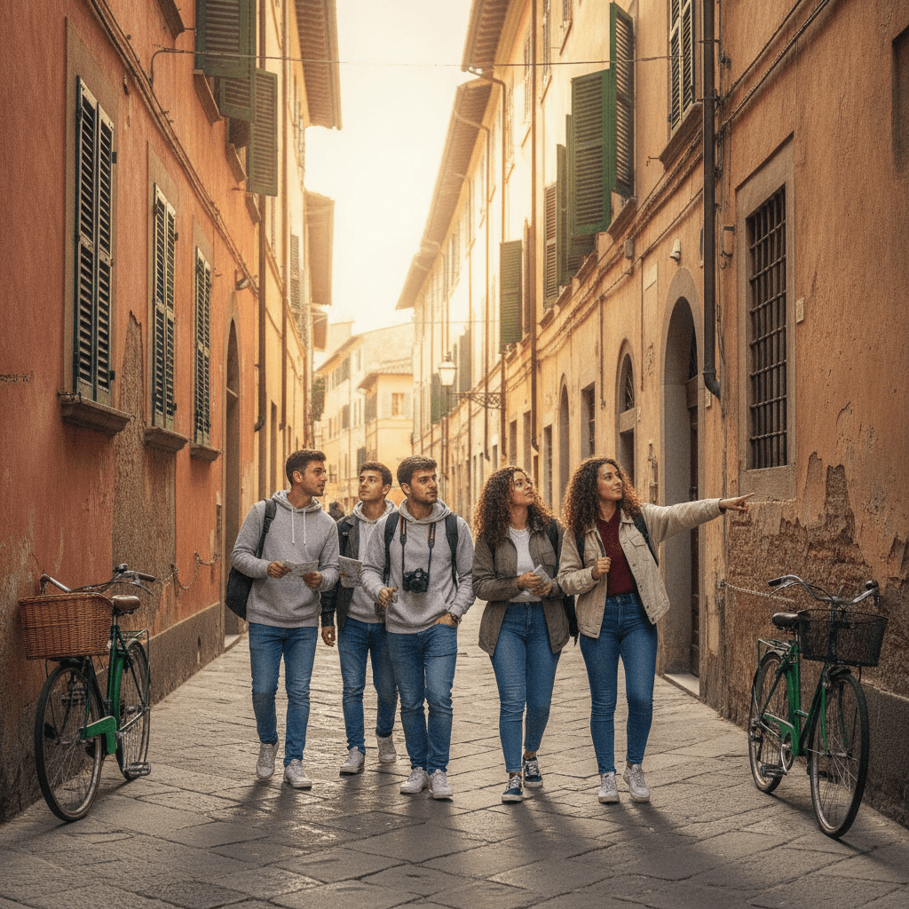 University students walk through a residential neighbourhood in Pisa among historic buildings — student neighbourhoods in Pisa