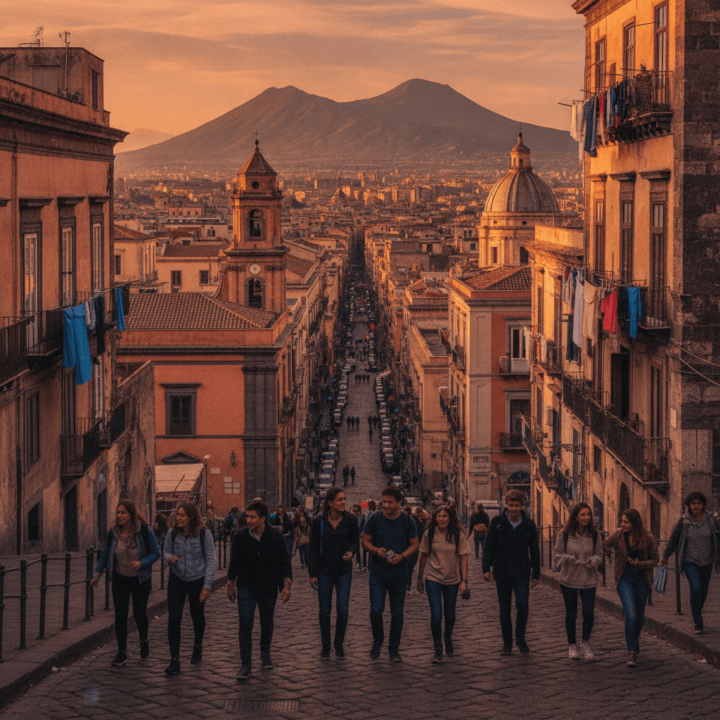 Alloggi Erasmus a Napoli: vista su Spaccanapoli e il Vesuvio al tramonto